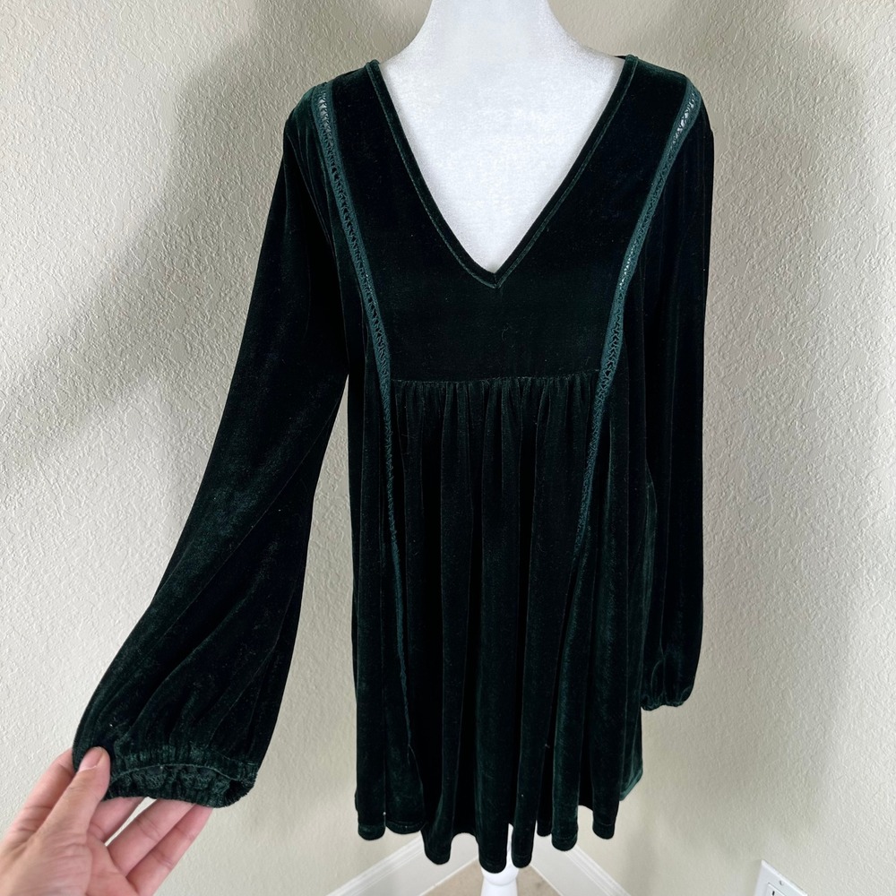 Rusttydustty Velvet Mini Dress Women S Green Boho Whimsigoth Babydoll V-Neck L/S